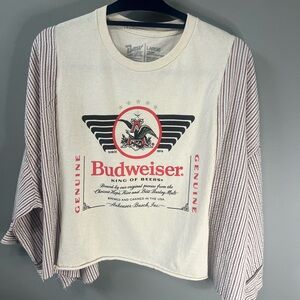 Handcrafted and Upcycled Budweiser Cream and Red Striped Sleeve Top Sz Large